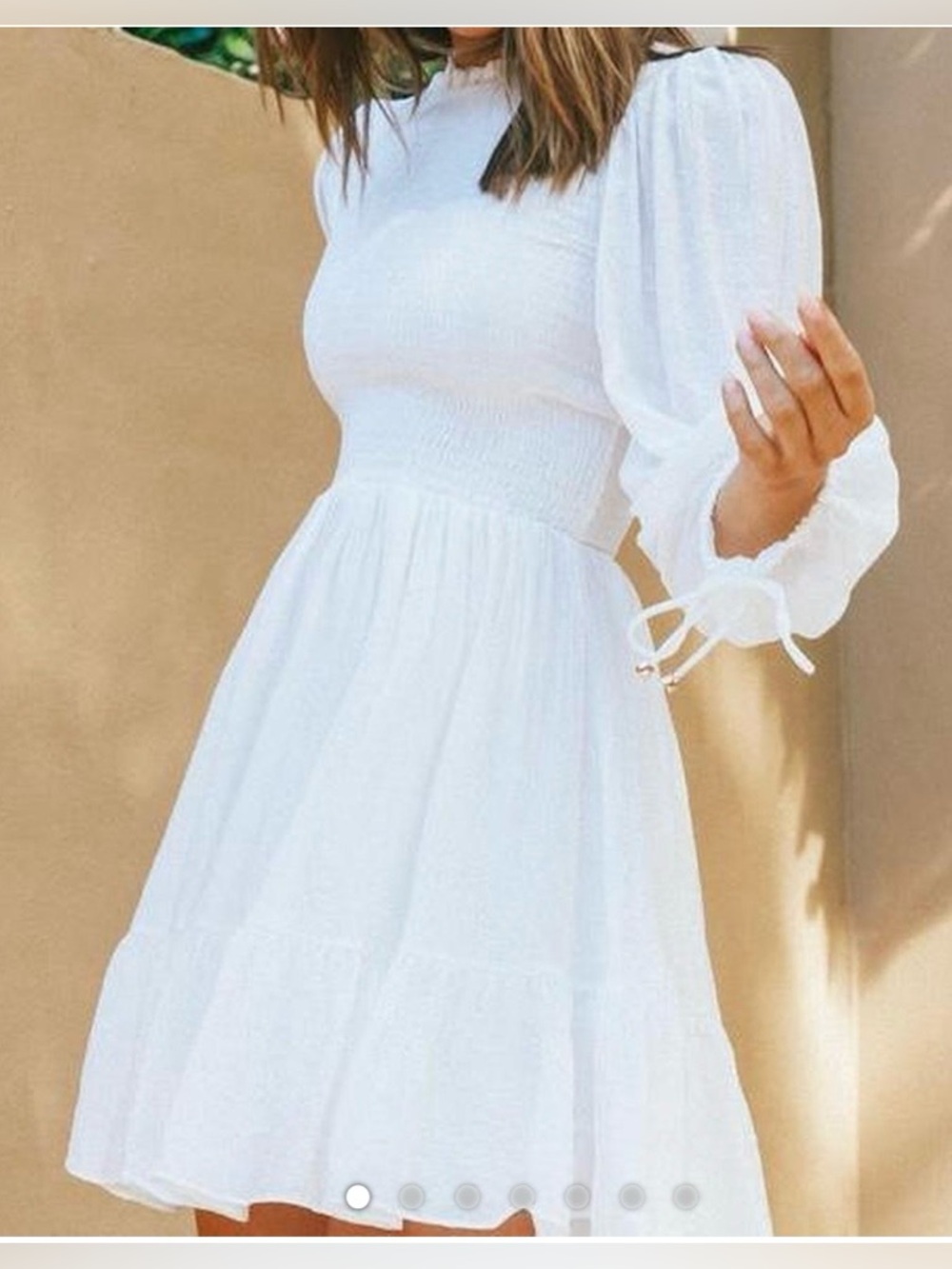 Selfie Leslie White Long-Sleeve Puff-Sleeve Smocked Waist Dress